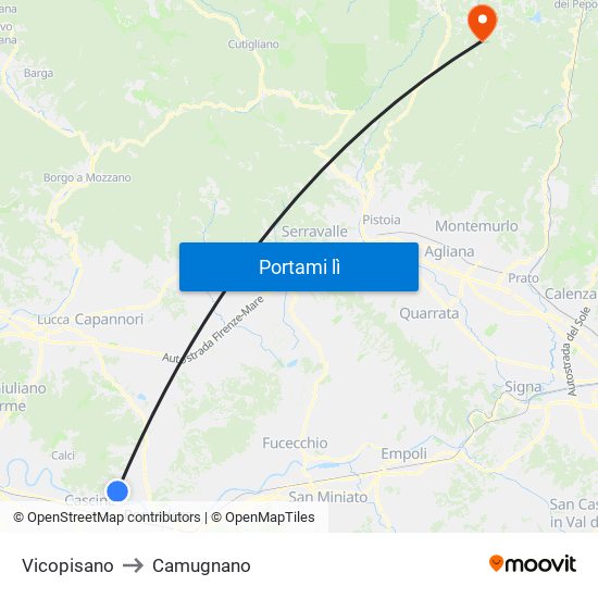 Vicopisano to Camugnano map