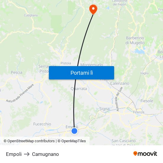 Empoli to Camugnano map