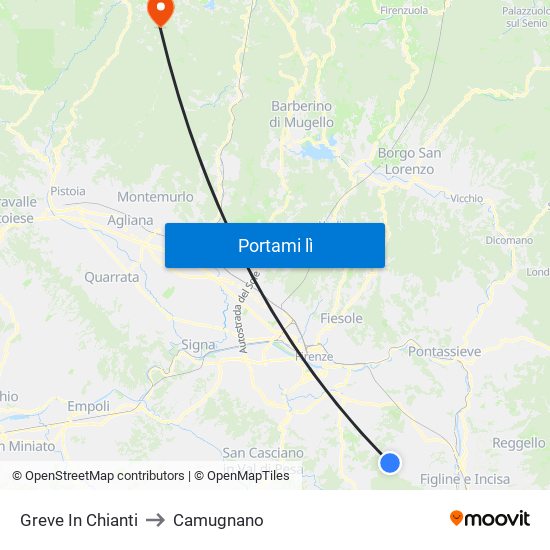 Greve In Chianti to Camugnano map