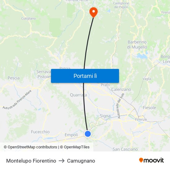 Montelupo Fiorentino to Camugnano map