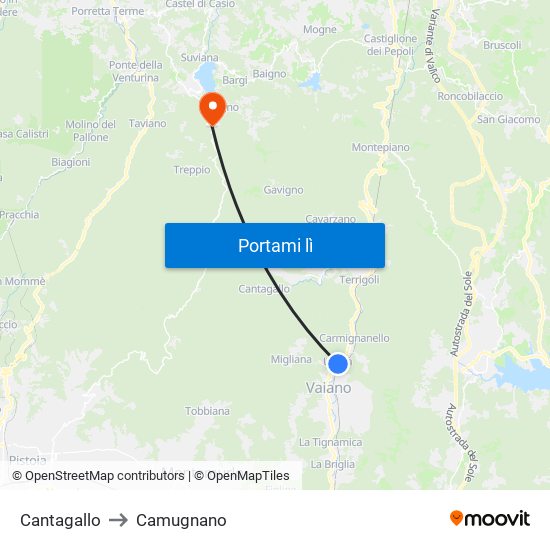 Cantagallo to Camugnano map
