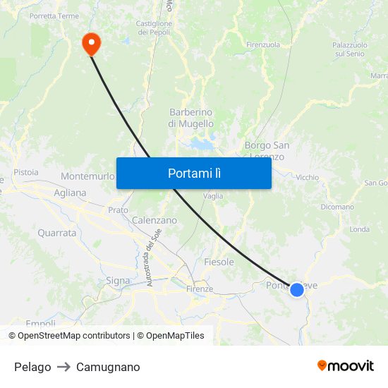 Pelago to Camugnano map