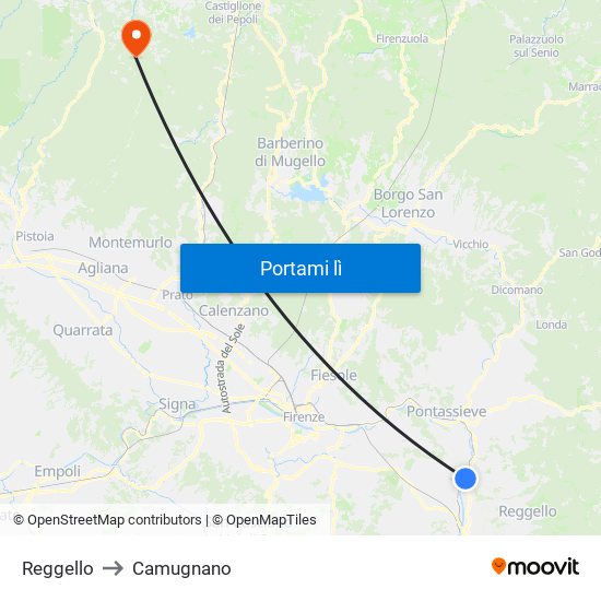 Reggello to Camugnano map