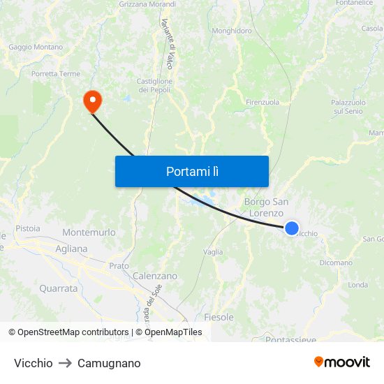 Vicchio to Camugnano map
