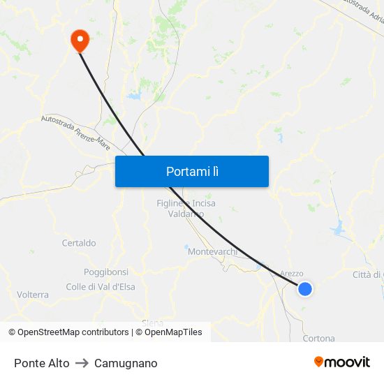 Ponte Alto to Camugnano map