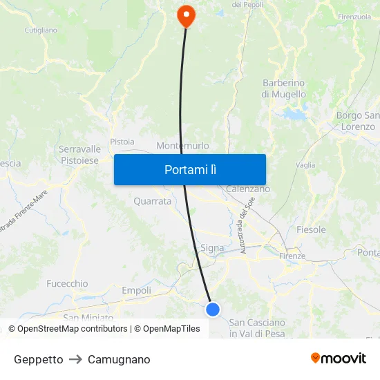 Geppetto to Camugnano map