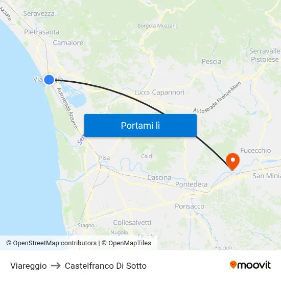 Viareggio to Castelfranco Di Sotto map