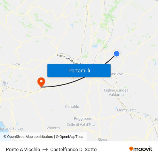 Ponte A Vicchio to Castelfranco Di Sotto map