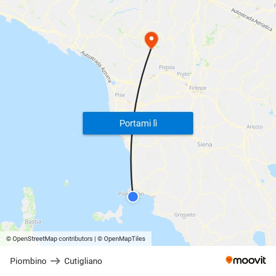 Piombino to Cutigliano map