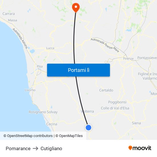 Pomarance to Cutigliano map