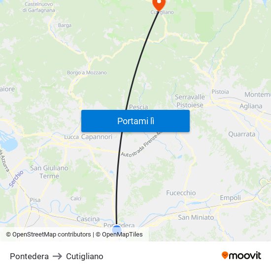 Pontedera to Cutigliano map