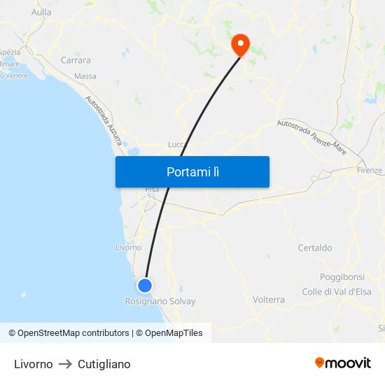 Livorno to Cutigliano map