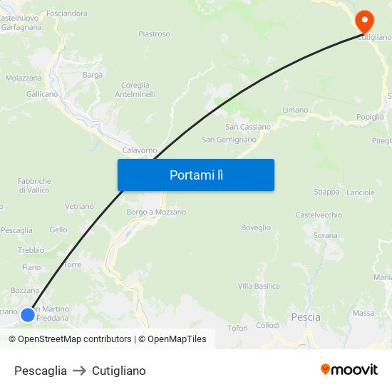 Pescaglia to Cutigliano map