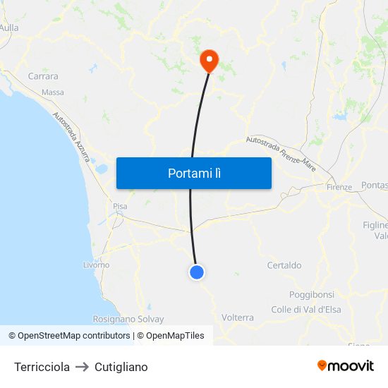 Terricciola to Cutigliano map