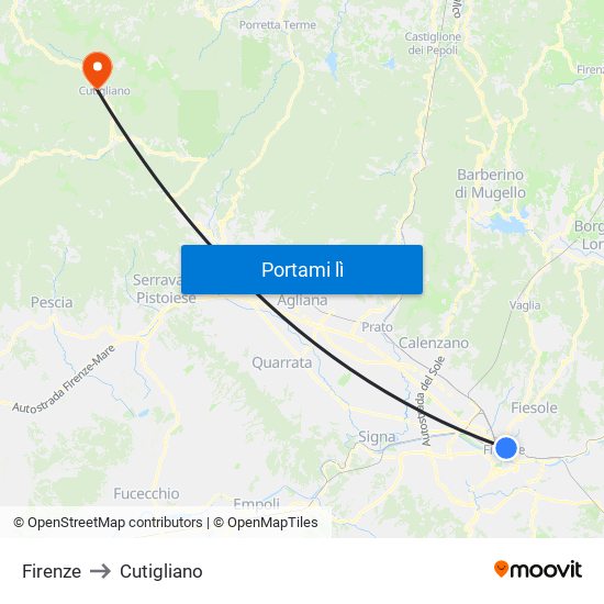 Firenze to Cutigliano map