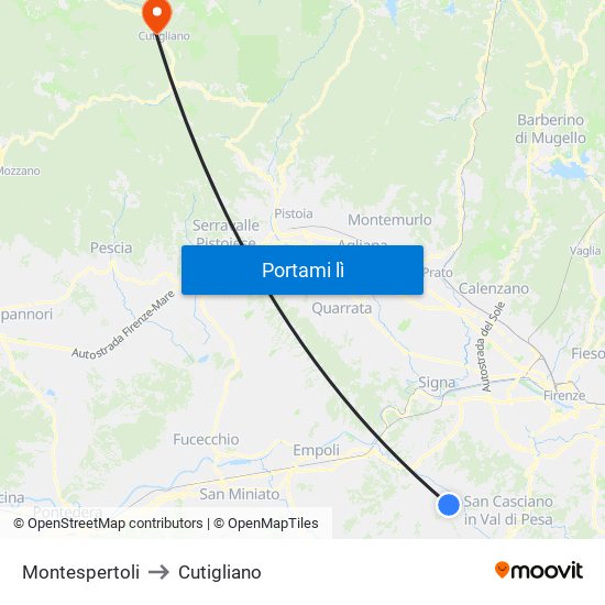 Montespertoli to Cutigliano map