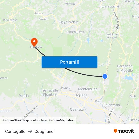 Cantagallo to Cutigliano map