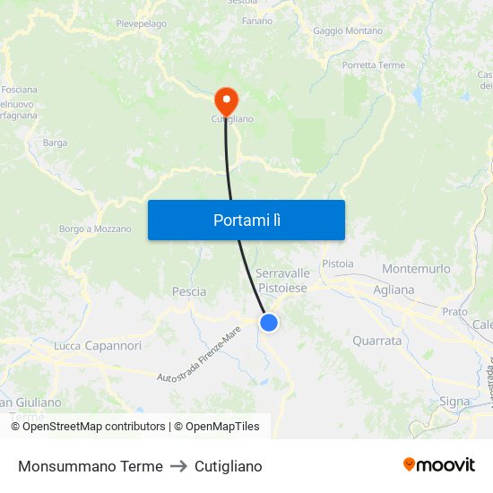 Monsummano Terme to Cutigliano map