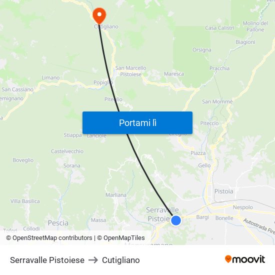 Serravalle Pistoiese to Cutigliano map
