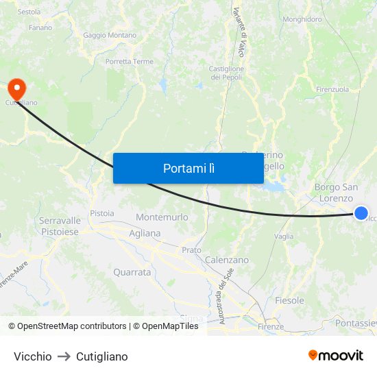 Vicchio to Cutigliano map