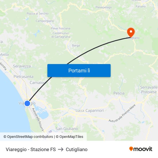 Viareggio Stazione FS to Cutigliano map