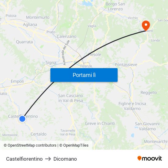 Castelfiorentino to Dicomano map