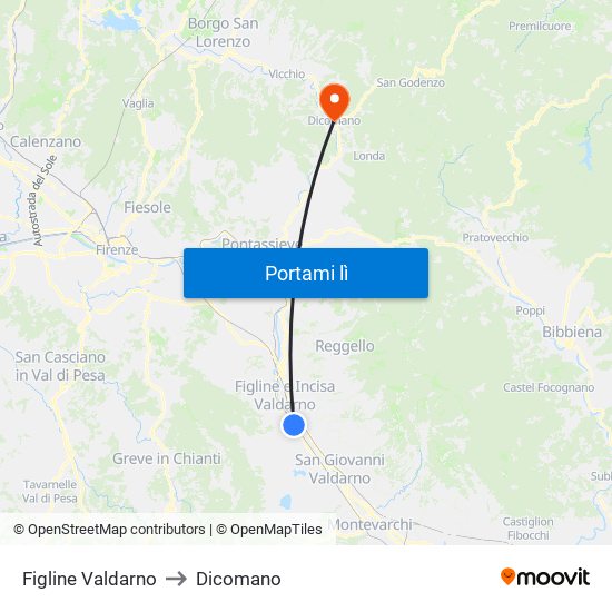 Figline Valdarno to Dicomano map