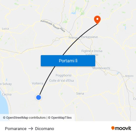 Pomarance to Dicomano map