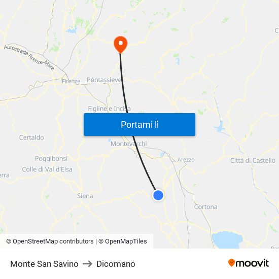 Monte San Savino to Dicomano map