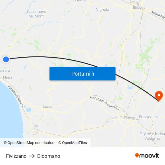 Fivizzano to Dicomano map