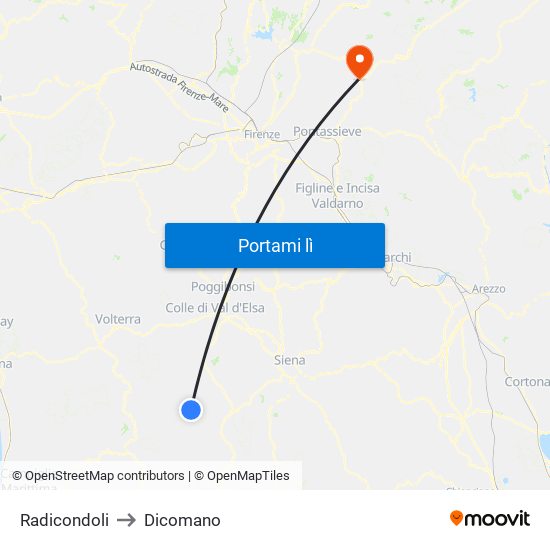 Radicondoli to Dicomano map