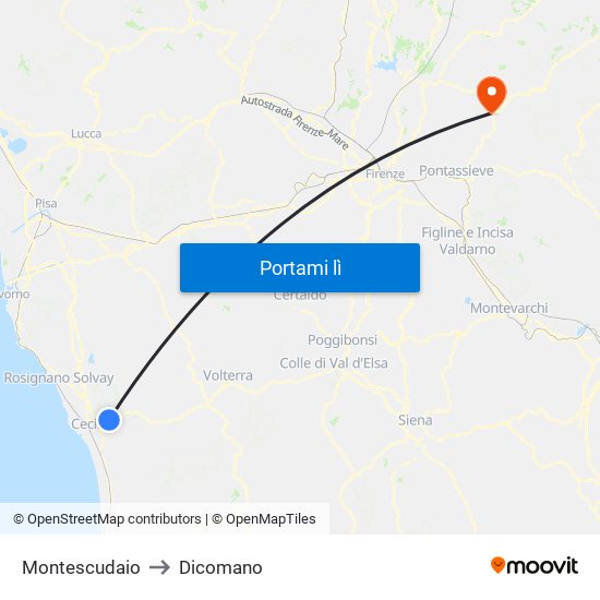 Montescudaio to Dicomano map