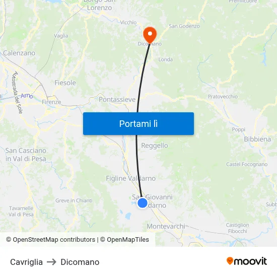Cavriglia to Dicomano map
