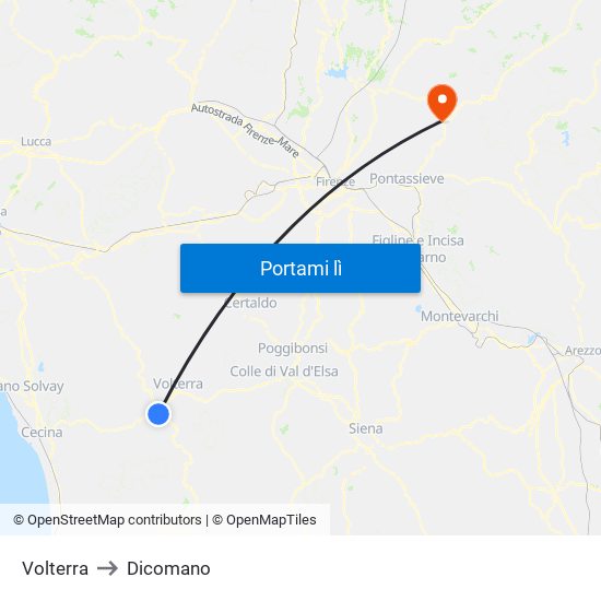 Volterra to Dicomano map