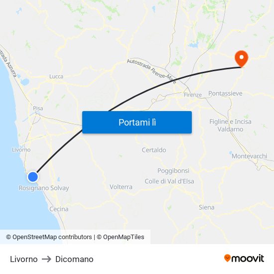 Livorno to Dicomano map