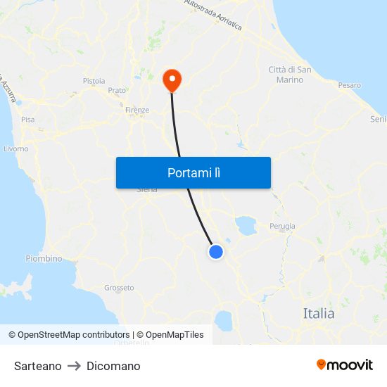 Sarteano to Dicomano map