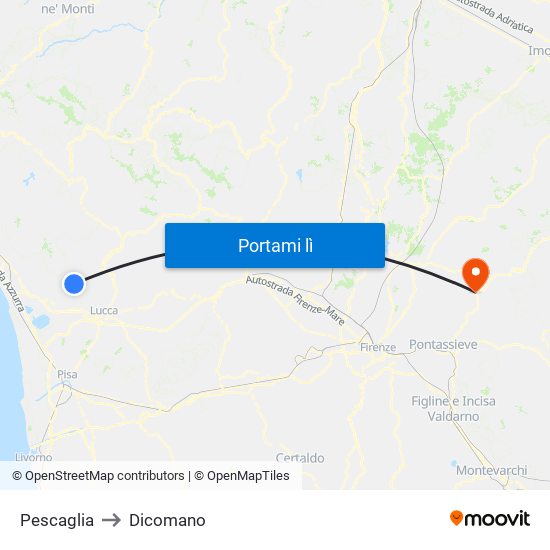 Pescaglia to Dicomano map
