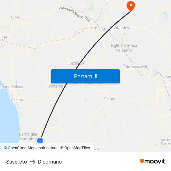 Suvereto to Dicomano map