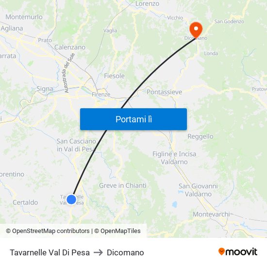 Tavarnelle Val Di Pesa to Dicomano map