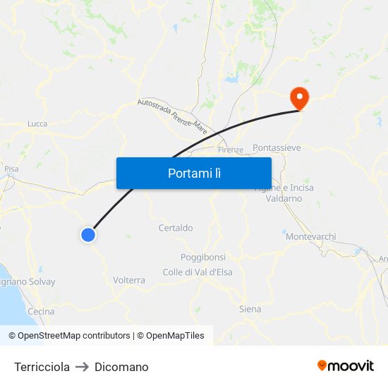 Terricciola to Dicomano map