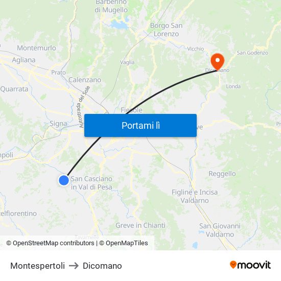 Montespertoli to Dicomano map