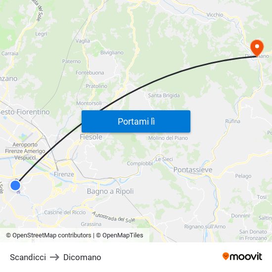 Scandicci to Dicomano map