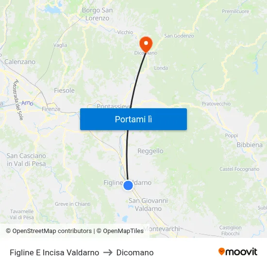 Figline E Incisa Valdarno to Dicomano map