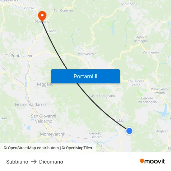 Subbiano to Dicomano map