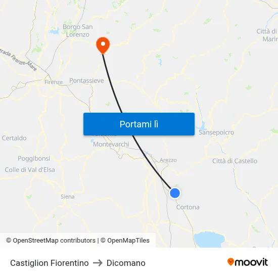 Castiglion Fiorentino to Dicomano map
