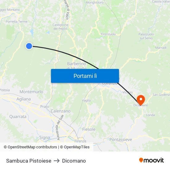 Sambuca Pistoiese to Dicomano map