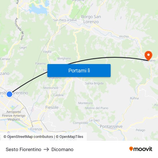 Sesto Fiorentino to Dicomano map