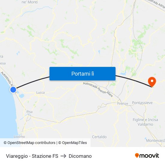 Viareggio Stazione FS to Dicomano map