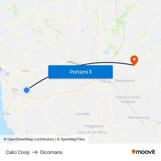 Calci Coop to Dicomano map