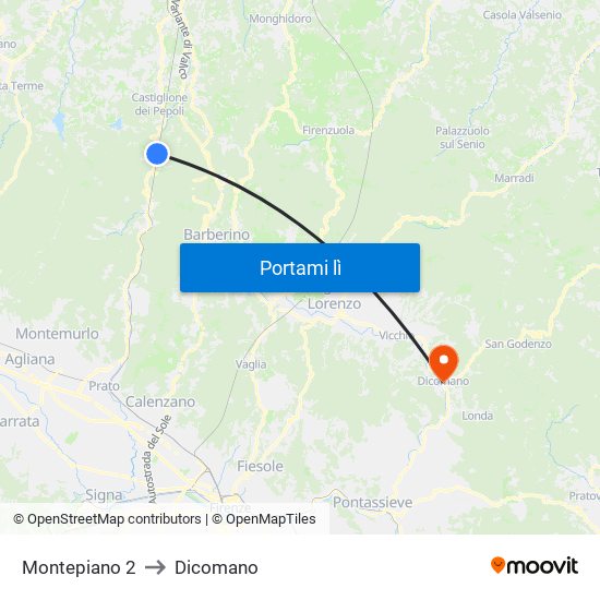 Montepiano 2 to Dicomano map